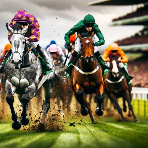 Une course de chevaux dynamique sur un hippodrome verdoyant, le cheval de tête gris et son jockey en couleurs vives et contrastéess